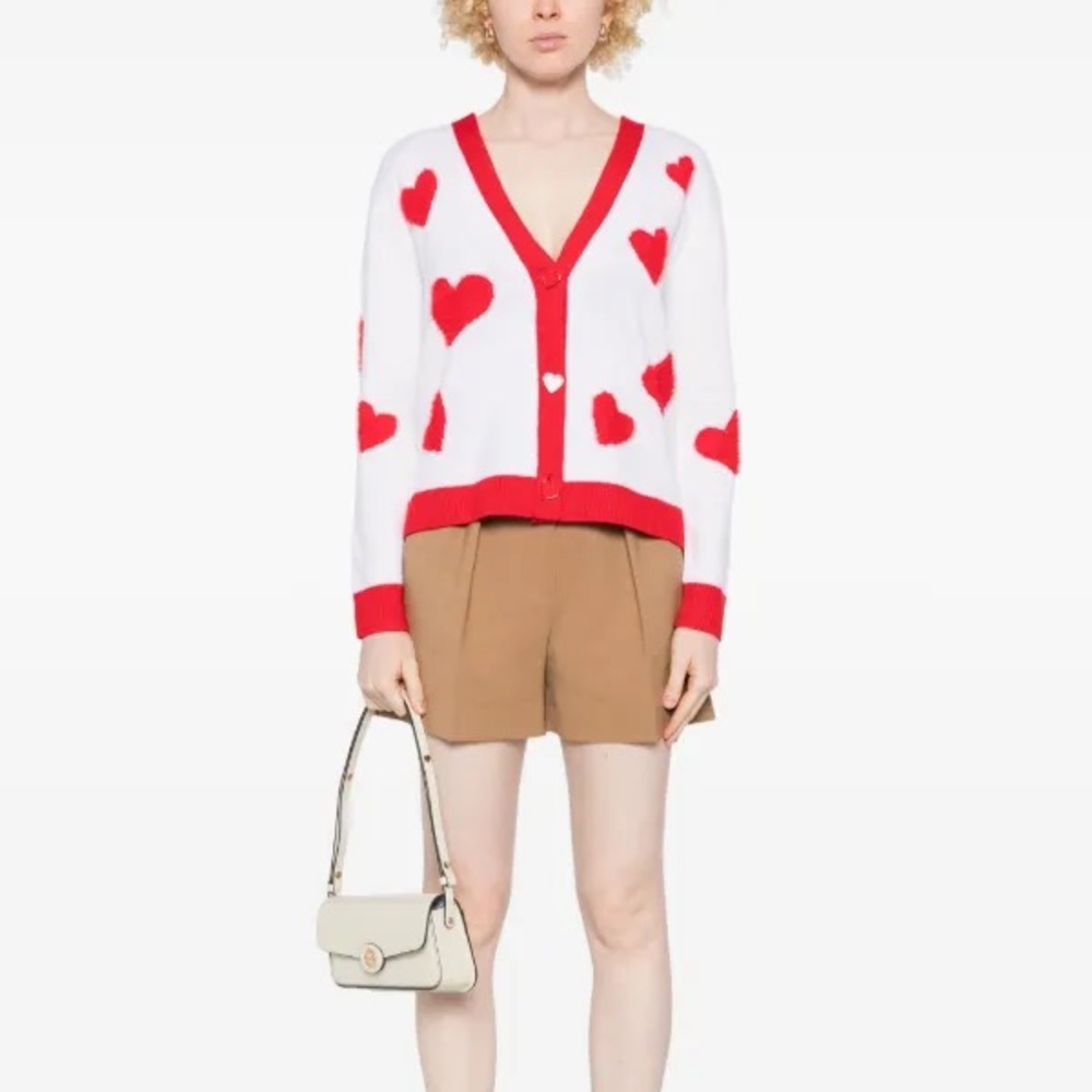 Alice + Olivia Bradley Intarsia White Red Heart VNeck Wool Blend Cardigan XS - Picture 2 of 14